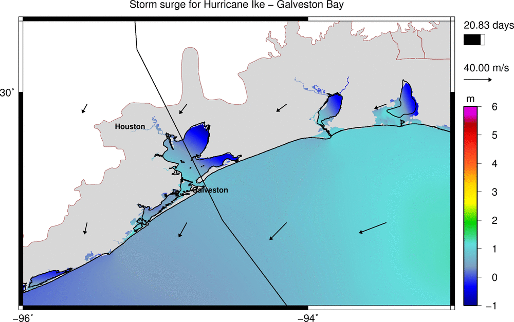 Storm surge for hurricane Ike in Galveston Bay